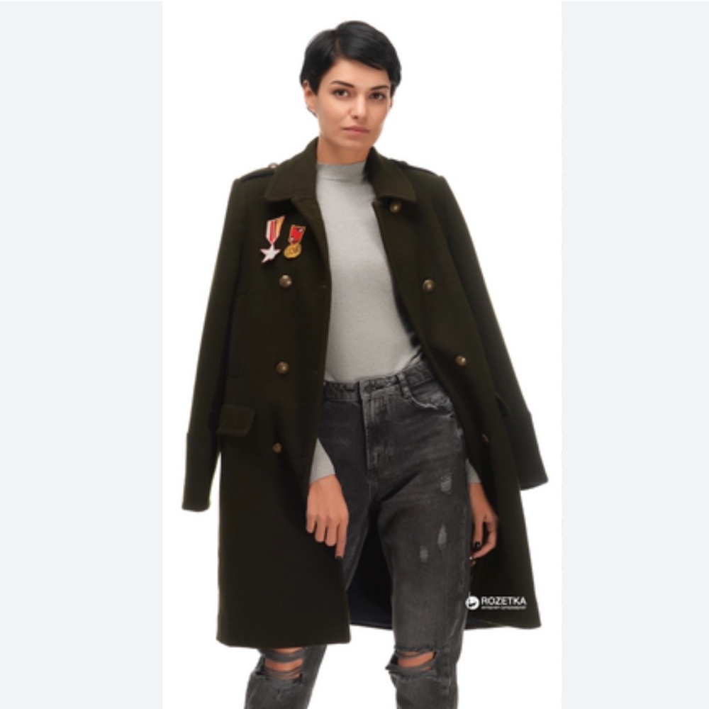 Zara Olive military-style double-breasted wool-blend coat.